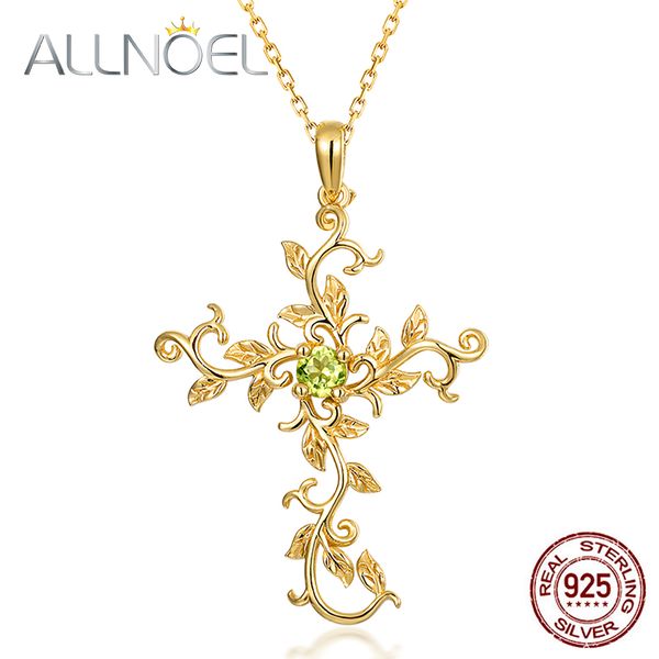 

allnoel real 925 sterling silver natural peridot gemstone pendant vine cross necklace for women gold color wedding jewelry gift