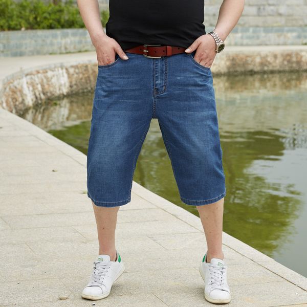 

new arrival super large jeans shorts men high waist loose straight elastic trousers knee length casual plus size 30-384042 46 48, Blue