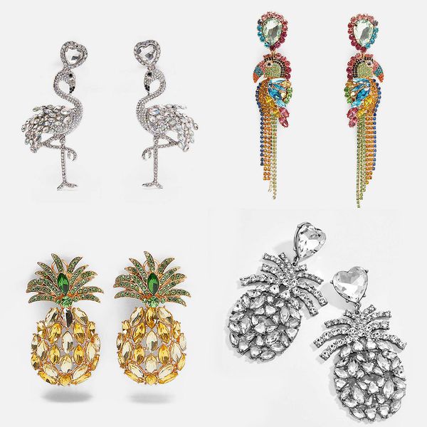 

flatfoosie trendy bird fish pineapple colorful crystal drop dangel earrings women handmade rhinestone pendant earring jewelry, Silver