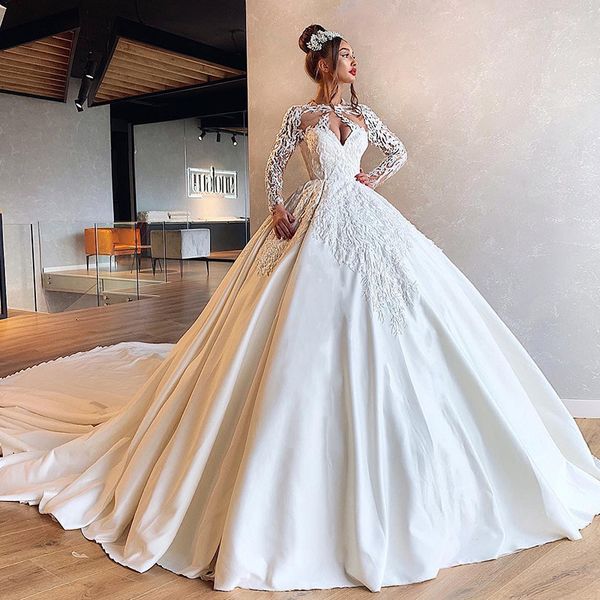 

2020 vintage sweetheart appliques sequin beading ball gown organza chapel train wedding dresses with lace applique bridal dress