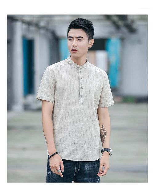 

short sleeve pullover shirts summer mens linen stand collar mens summer tshirts solid color casual light tees striped button, White;black