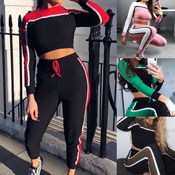 

2018 autumn fashion 2 piece set women tracksuit patchwork stripe crop long sleeve sweatshirt &pants sets 2pcs casual sportwear, White