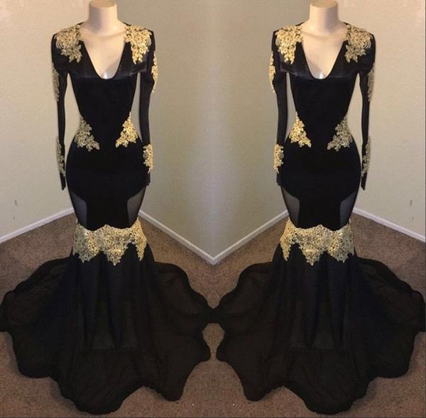 

2019 black deep v neck satin mermaid prom dresses long sleeves gold lace applique floor length formal party evening gowns bc1315