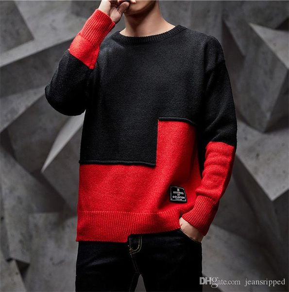 

plus size mens designer sweaters patchwor color long sleeve o neck loose mens sweaters casual homme, White;black