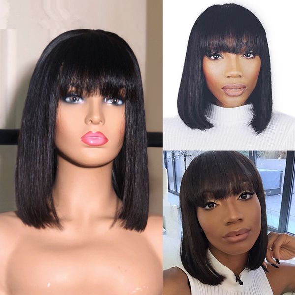 

short lace front human hair wig brazilian remy hair bob wig with bangs 10" pre plucked lace wig natural hairline for black women, Black;brown