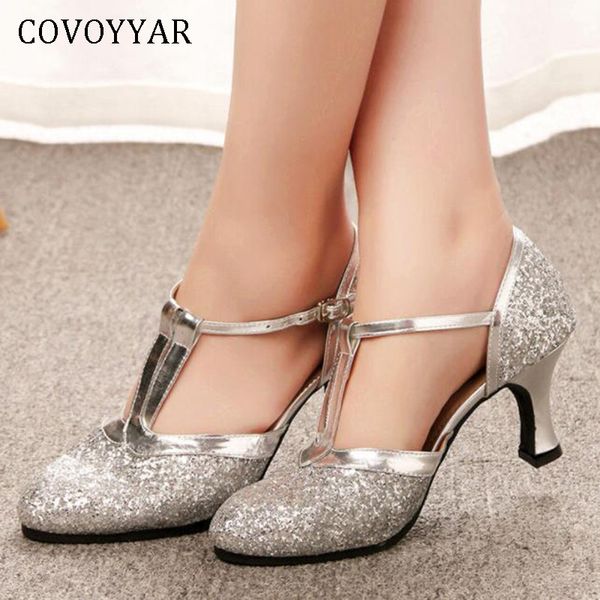 

covoyyar 2019 gold silver women high heels thick heel t-strap woman pumps latin dance shoes female wedding party shoes whh196, Black