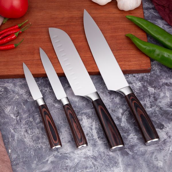 

Stainless steel kitchen chef knife 4 piece set Japanese tool set high carbon forging Santoku 7CR17 steel mirror polished wooden handle