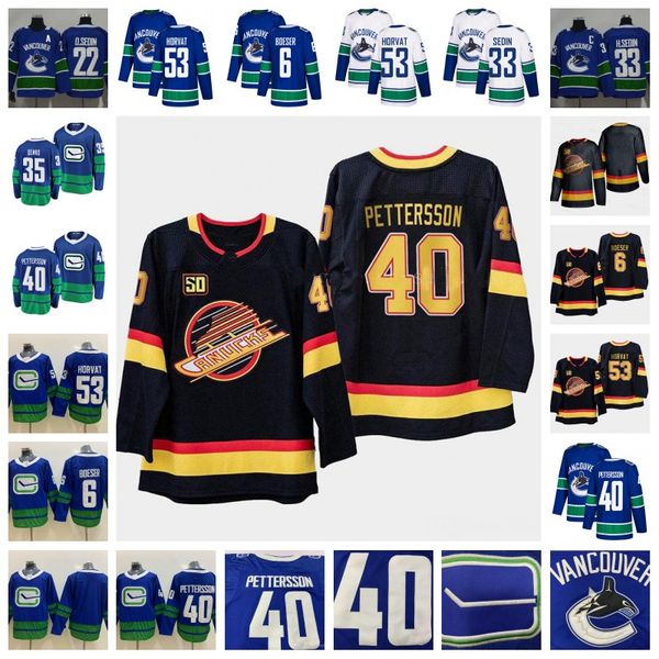 

50th vancouver canucks 40 elias pettersson brock boeser daniel henrik sedin thatcher demko bo horvat blue white black third hockey jerseys, Black;red