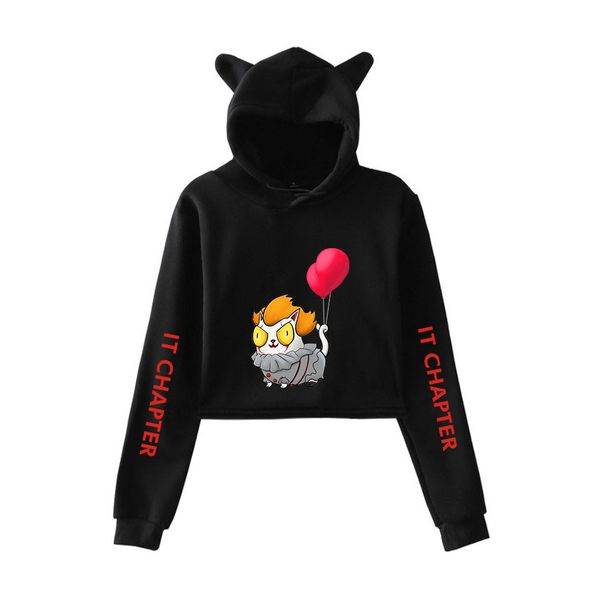 

it-chapter 2 american supernatural adventure horror movies printed cat ear hoodies sweatshirt women autumn navel hoodies, Black