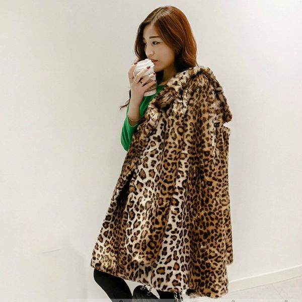 

leopard lapel winter warm women faux fur coat long sleeve long hairy fashion elegant overcoat faux fur femme jacket new, Black