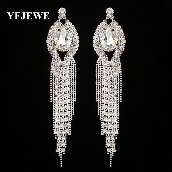 

yfjewe new arrive fashion tassel long drop earrings for women bridal wedding big rhinestone crystal factory price earrings e425, Silver