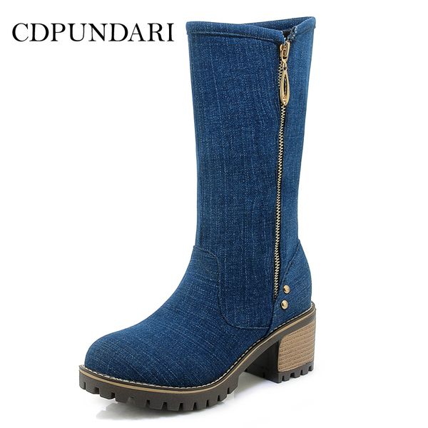 

cdpundari round toe denim calf boots for women platform boots shoes woman winter, Black