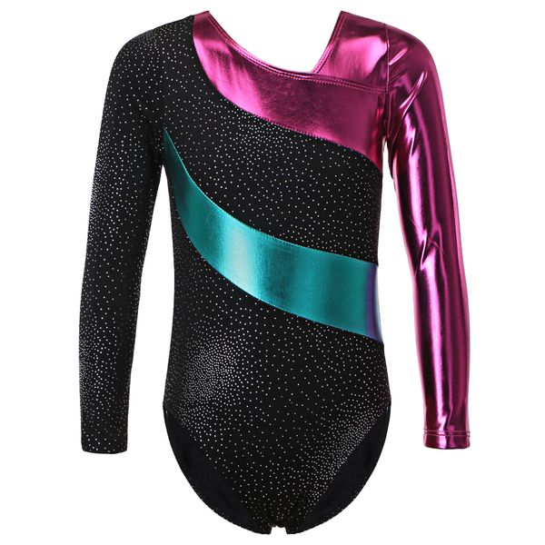 

baohulu teens rhythmic ballet long sleeve gymnastics leotard girls shiny rhinestone dance costumes kids ballet leotards dress, Black;red