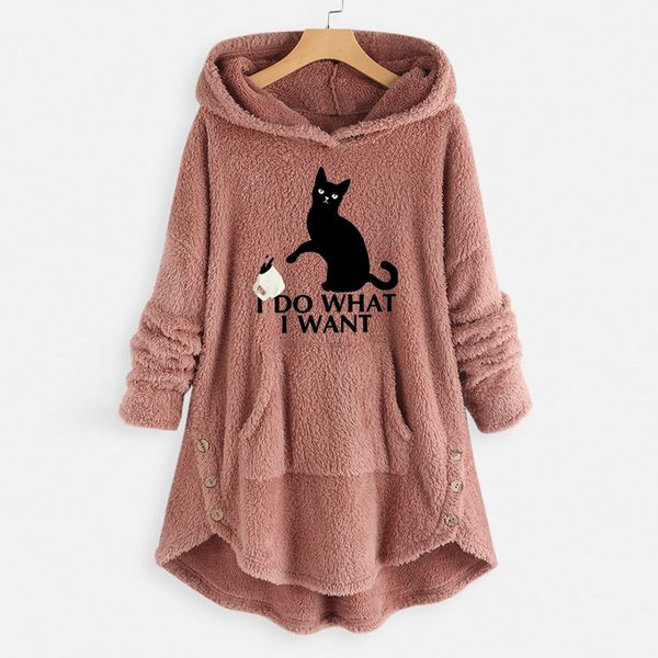 

plus size hoodies womens fleece cat embroidery warm hoodie button autumn winter size long sleeve sweatshirts hoody lady#j31, Black