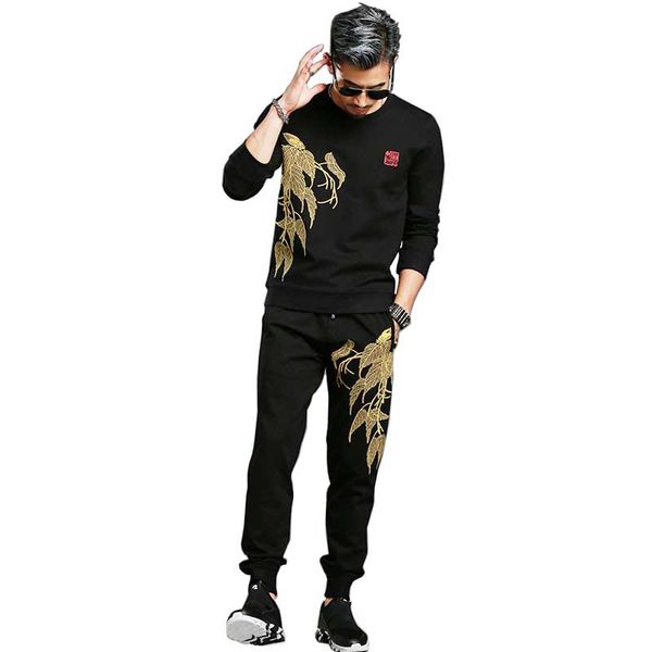 

spring autumn embroidery hoodies 2pcs sets tracksuit men casual slim pullover sweatshirt jacket with joggers pants trousers, Gray