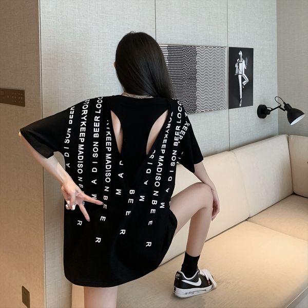 

summer 2020 lazy loose letter printing mind machine back hollow fake two short-sleeved t-shirt tide, White