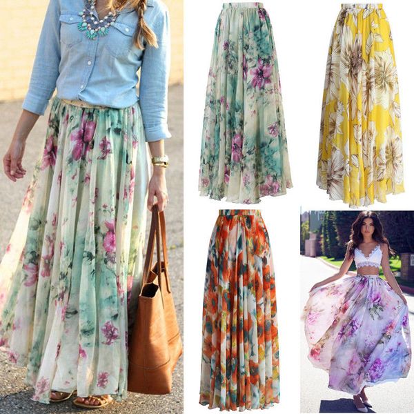 

floral print skirt empire new chiffon boho ladies tulle skirt womens jersey gypsy maxi full long summer, Black