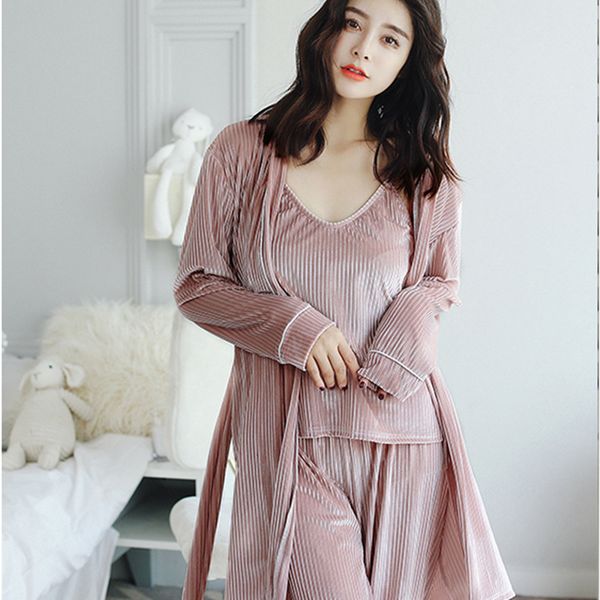 

winter new pajamas women's gold velvet three-piece sleepwear comfortable and simple pit sling wide-leg nightwear, Black;red