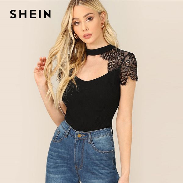 

shein eyelash lace insert cutout choker neck slim elegant tee 2019 summer women highstreet stand collar tshirt, White