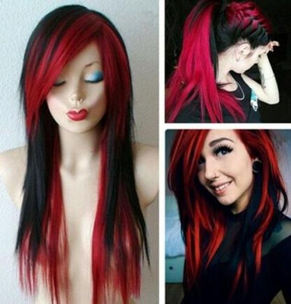 Women Ultra Sexy Scene Wig Black Mixed Wine Red Blonde