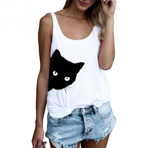 

ladies tank tank print sleeveless t shirts white casual loose ladies cute cat print camisole autumn bottoming black vest