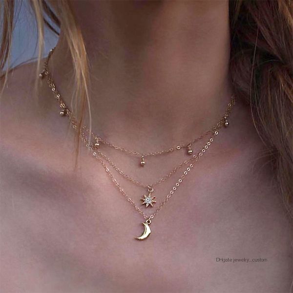 

Fashion Moon Star Beads Crystal Pendant Multilayer Necklace Women Gold Necklace Set Jewelry Gift Girl Clavicle Chain