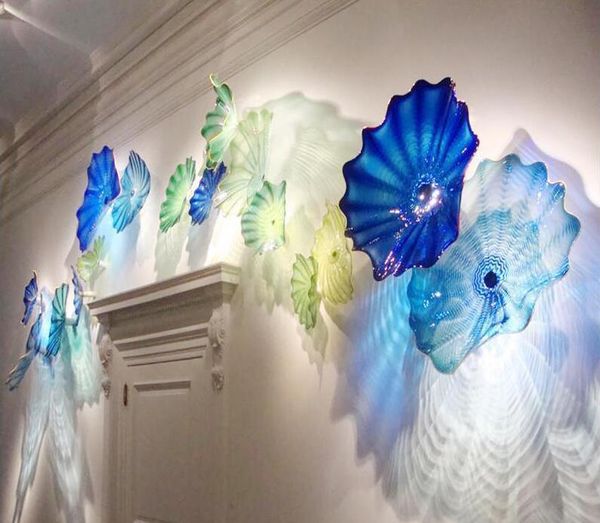 

murano glass plates wall art flower blue and green 100% hand blown glass wall art decorative glass hanging art plates