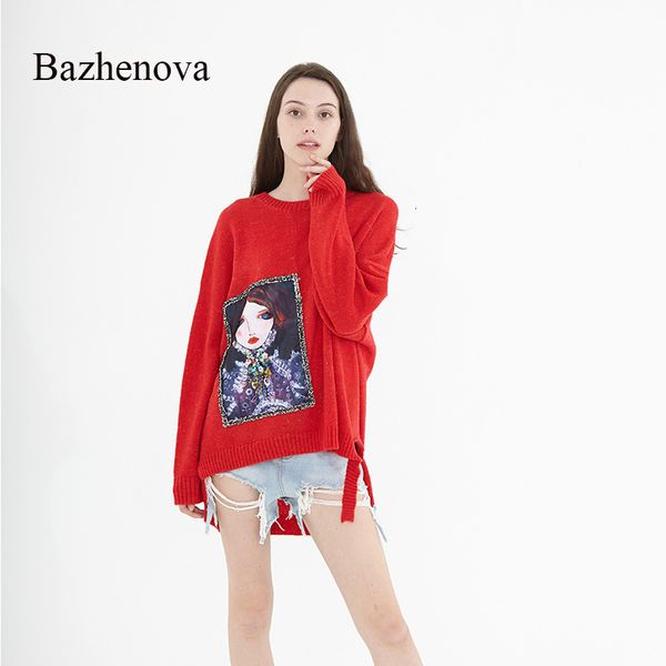 

bazhenova women mohair sweater woman round neck red color loose irregular girls winter warm sweaters fashion clothes r204, White;black