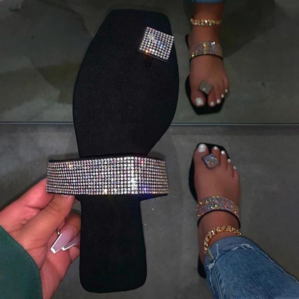 

laamei summer women crystal slippers glitter flat soft bling female candy color flip flops outdoor ladies slides beach shoes, Black