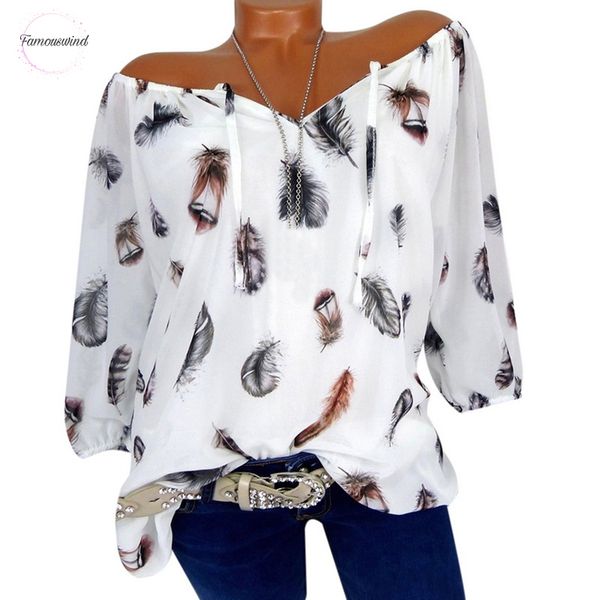 

женщины блуза 2019 blusas лето пера v шея печать новой сексуальная футболочка вскользь втулка крышки blusa женщина плюс размер, White