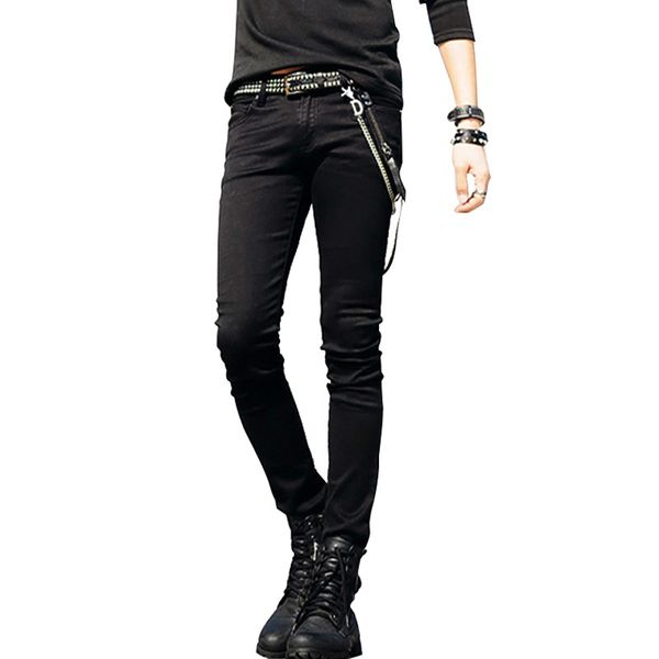 

selling mens korean designer black slim fit jeans punk cool super skinny pants with chain for male, Blue