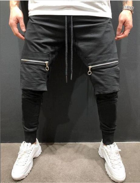 

new european style matched color zipper pockets men s hip hop jogger pants, Black