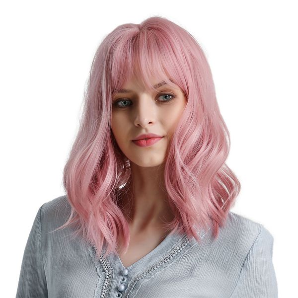 

14inch pink lady muedium wavy curly wig synthetic safe wig w/ neat bang, Black