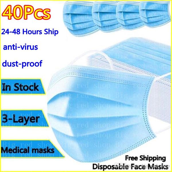 

40 pcs anti-virus dust-proof mask disposable face masks 3-layer protective 3-ply face mask in stock fast ing