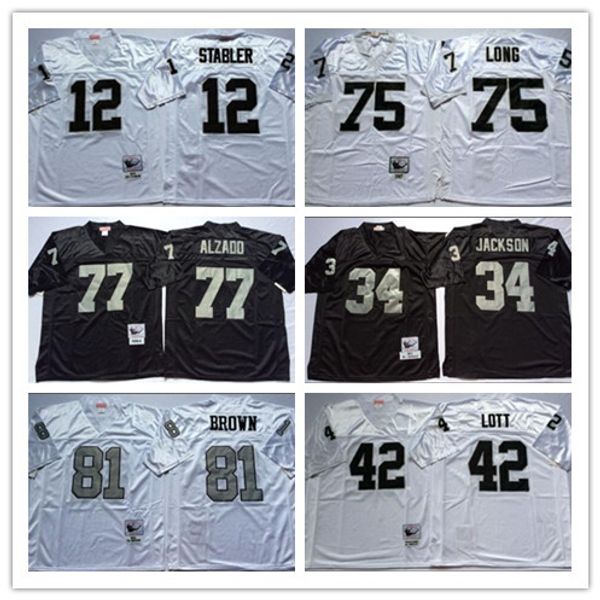 

ncaa football 81 tim brown jerseys 12 ken stabler 34 jackson 75 howie long 42 ronnie lott 77 lyle alzado vintage jersey white black stitched, Black;red