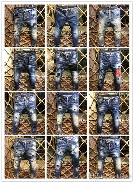 

новые европейские и американских мужчины высокого качества отверстия случайной вышивка ретро джинсы мужских тонкие прямые джинсы, Blue