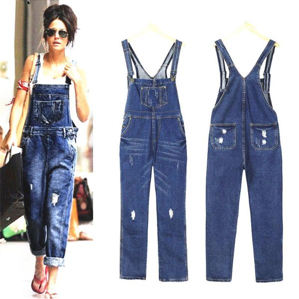 

2020 baggy women's jeans with slings and suspenders women distressed overalls cargo pants youthful, Blue