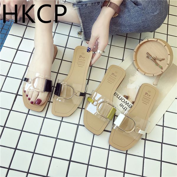 

hkcp 2019 new low heel slippers for ladies summer fashion wear with all matching flat and transparent go out flip-flops c285, Black