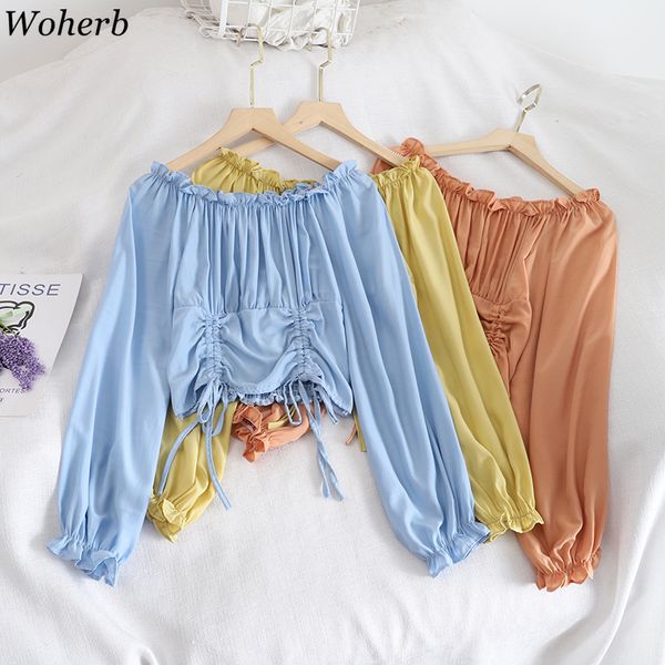 

woher women elegant crop blouse ladies off shoulder long sleeve blouses female solif pleated bandage chic blusas 2020, White