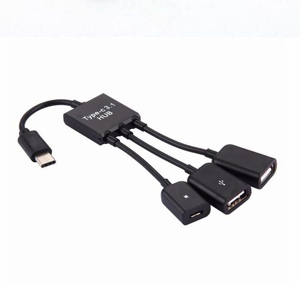 Micro USB TYPE-C HUB 3 em 1 Macho para Fêmea USB Host Power Charging OTG Hub Cabo Adaptador Conversor Extensor para Celular