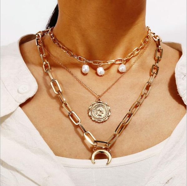 

orangelili vintage punk gold portrait coin pearl pendant necklaces for women boho fashion multilayer long necklace jewelry gift, Silver