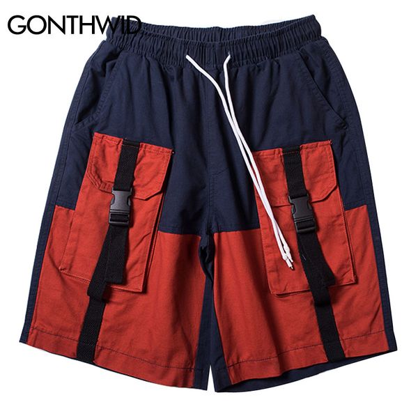 

gonthwid hip hop buckle ribbon cargo shorts streetwear mens summer casual multi pockets color block patchwork male baggy shorts, White;black