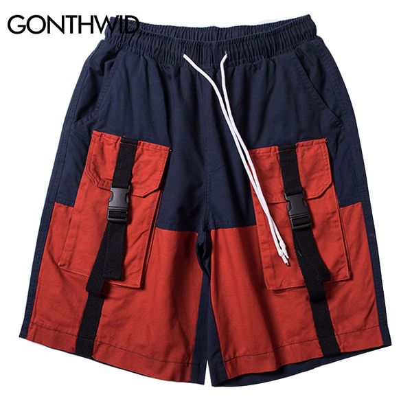 

gonthwid hip hop buckle ribbon cargo shorts streetwear mens summer casual multi pockets color block patchwork male baggy shorts, White;black