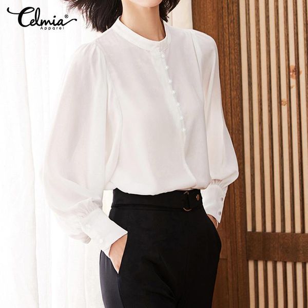 

celmia women's summer elegan office blouse long lantern sleeve shirt casual buttons plus size blusas femininas 5xl, White