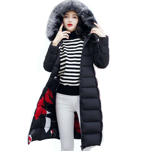 

dropshipping winter women hooded coat fur collar thicken warm long jacket female outerwear parka chaqueta feminino ladies parka, Black
