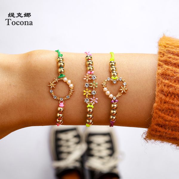 

tocona 3pcs/sets colorful shiny crystal stone bracelets heart flowers pearl bead for women lover jewelry gift 9431, Black