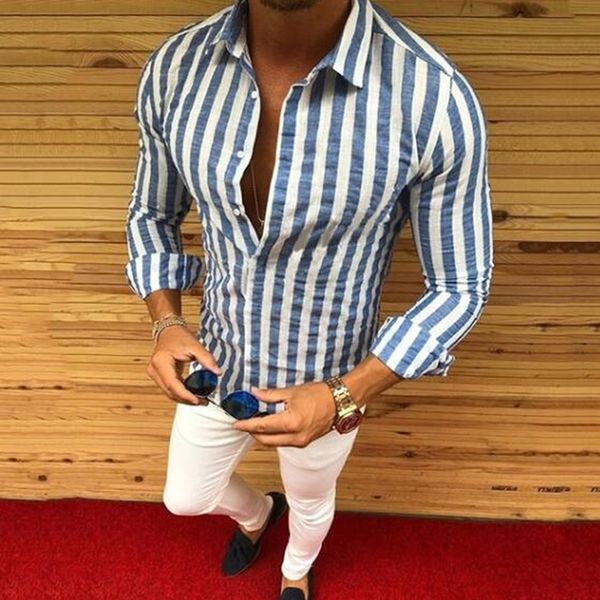 

1pc 2019 the latset fashion style striped turn-dowm collar men shirts long sleeve fashion male shirt clothing 4 colors, White;black