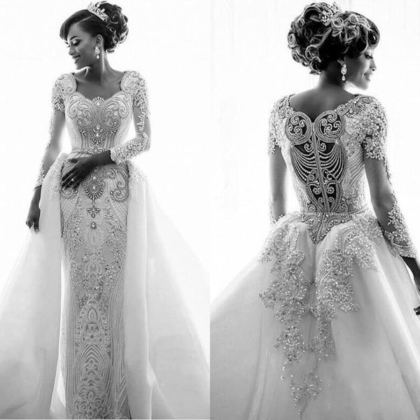

luxurious beaded crystal mermaid wedding dresses detachable skirt long sleeve plus size country vestido de novia bride dress bridal gown, White
