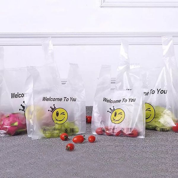 

50pcs/pack 6 sizes carry out bags smile gift bag retail supermarket grocery shopping plastic bags with handle packaging