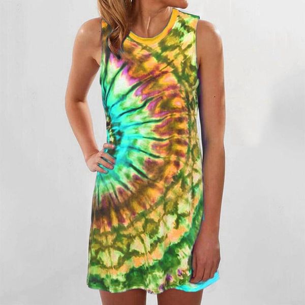 

women vintage vertical ladies dress fashion plus size summer tie dye print sleeveless dress summer streetwear print dresses, Black;gray